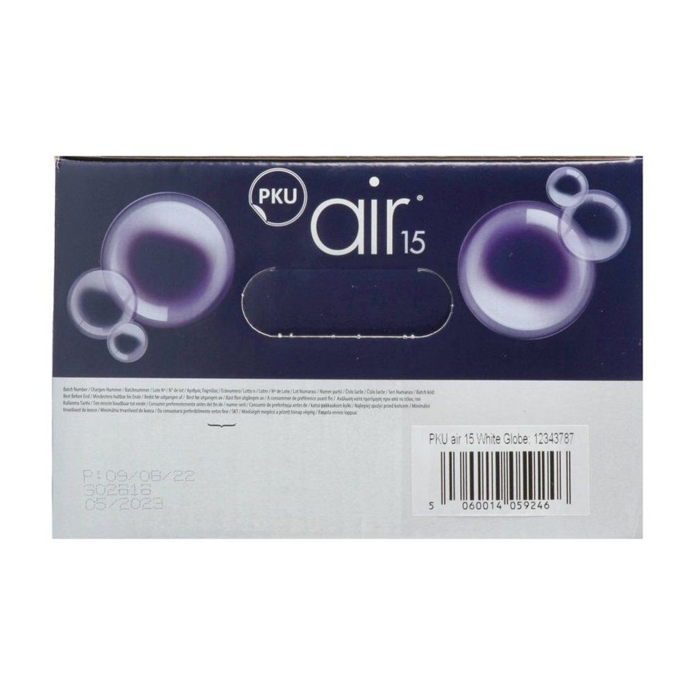 Dessous de l'emballage de PKU air 15. Surface blanche avec logo PKU air 15. Impression : PKU air 15 White Globe. Code-barres.