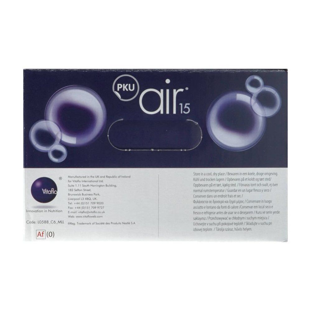 Dos de l'emballage de PKU air 15. Surface bleu foncé avec logo PKU air 15. Texte multilingue. Informations du fabricant.