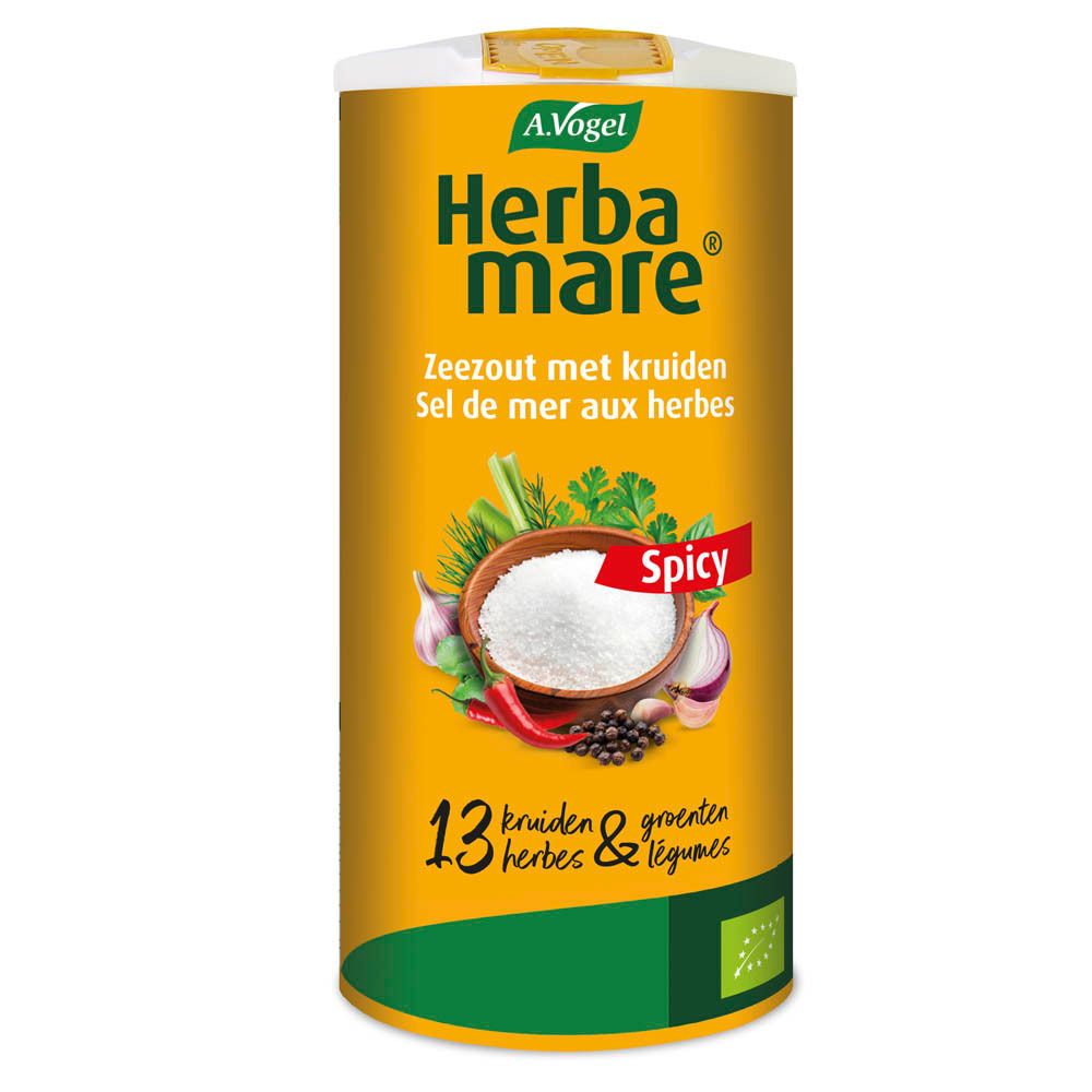 Boîte jaune A. Vogel Herbamare Spicy. Sel aux herbes, 13 herbes et légumes. Label bio.
