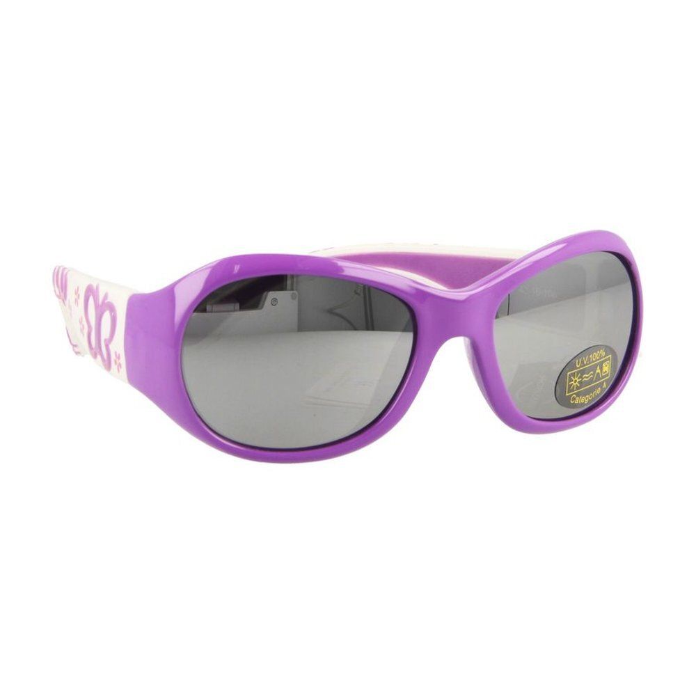 Lunettes de soleil violettes pour enfants. Verres ronds, monture violette. Motif papillon sur la branche. Autocollant avec texte.
