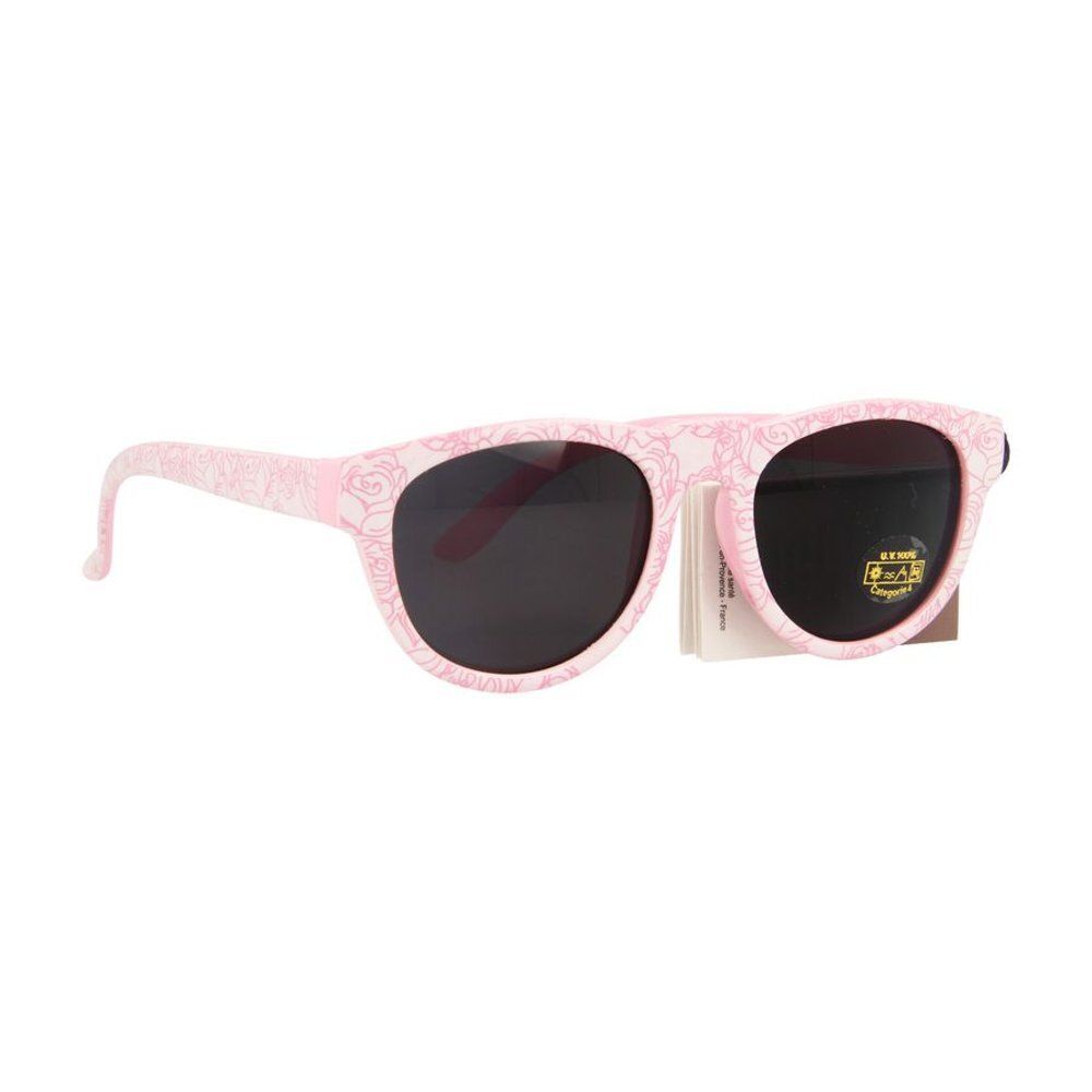 Lunettes de soleil roses pour fille. Monture à motif floral, verres foncés. Étiquette d'information attachée.