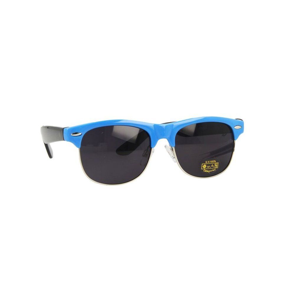Lunettes de soleil bleues et noires. Monture bleue, verres noirs. Autocollant sur le verre droit.