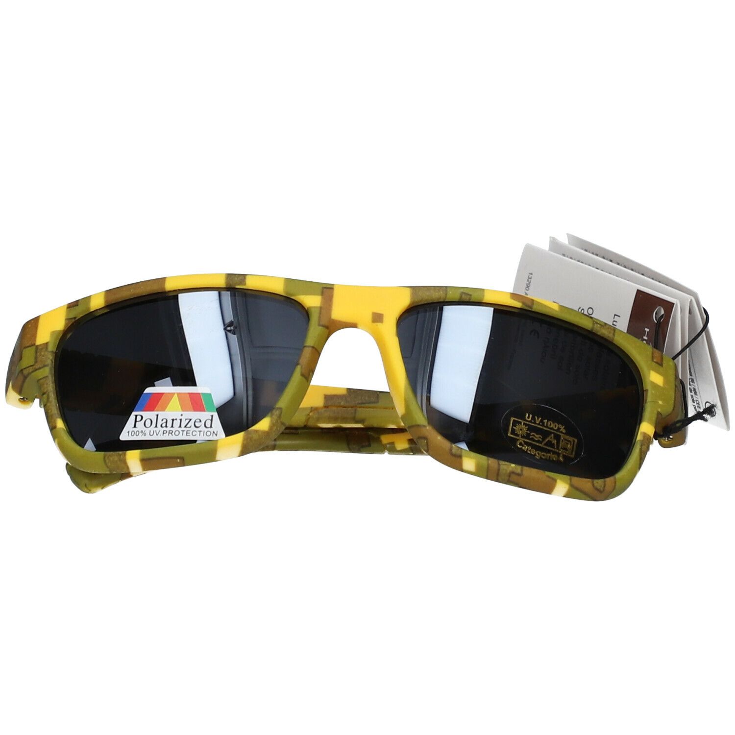 Lunettes de soleil camouflage. Verres noirs, monture jaune-vert. Polarisées, protection UV 100%. Avec étiquette.