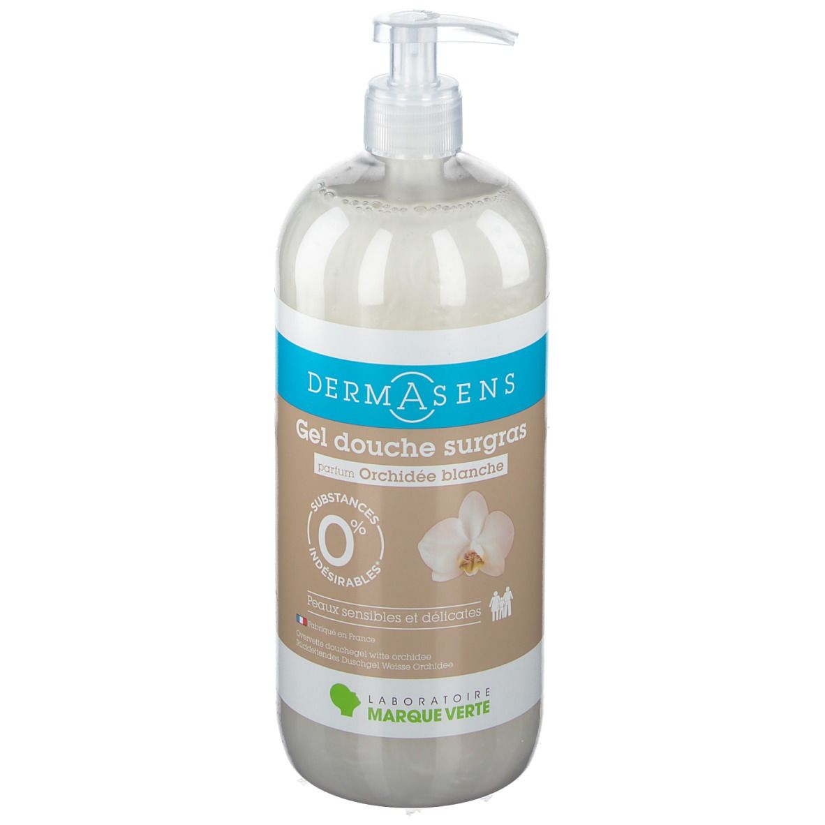 Flacon de gel douche avec pompe. Inscription: DermAsens, Gel douche surgras, Orchidée blanche. 0 % substances indésirables.