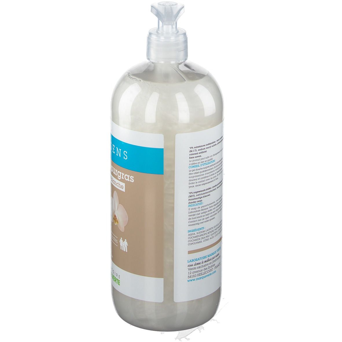 Flacon de gel douche avec pompe. Dos avec informations produit. Marque: DermAsens. Orchidée blanche.
