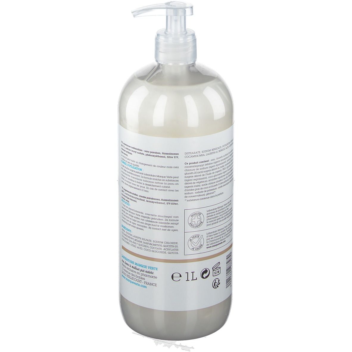 Flacon de gel douche avec pompe. Dos avec informations produit. Marque: DermAsens. Orchidée blanche.