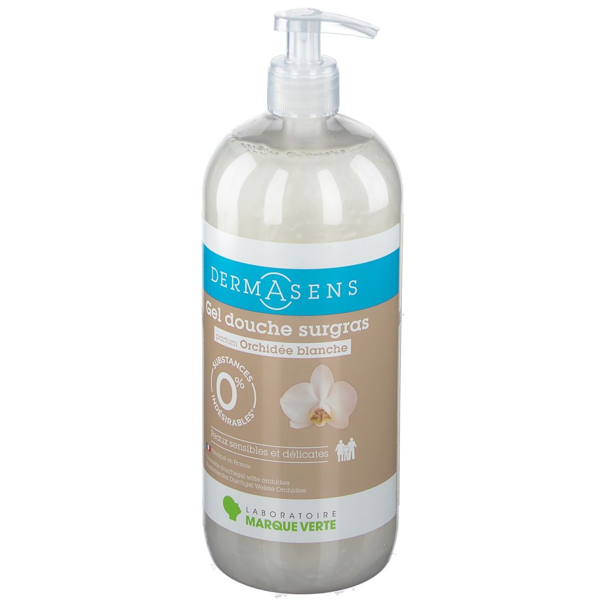 Flacon de gel douche avec pompe. Inscription: DermAsens, Gel douche surgras, Orchidée blanche. 0 % substances indésirables.
