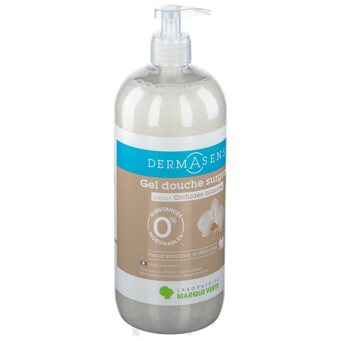 Flacon de gel douche avec pompe. Inscription: DermAsens, Gel douche surgras, Orchidée blanche. 0 % substances indésirables.