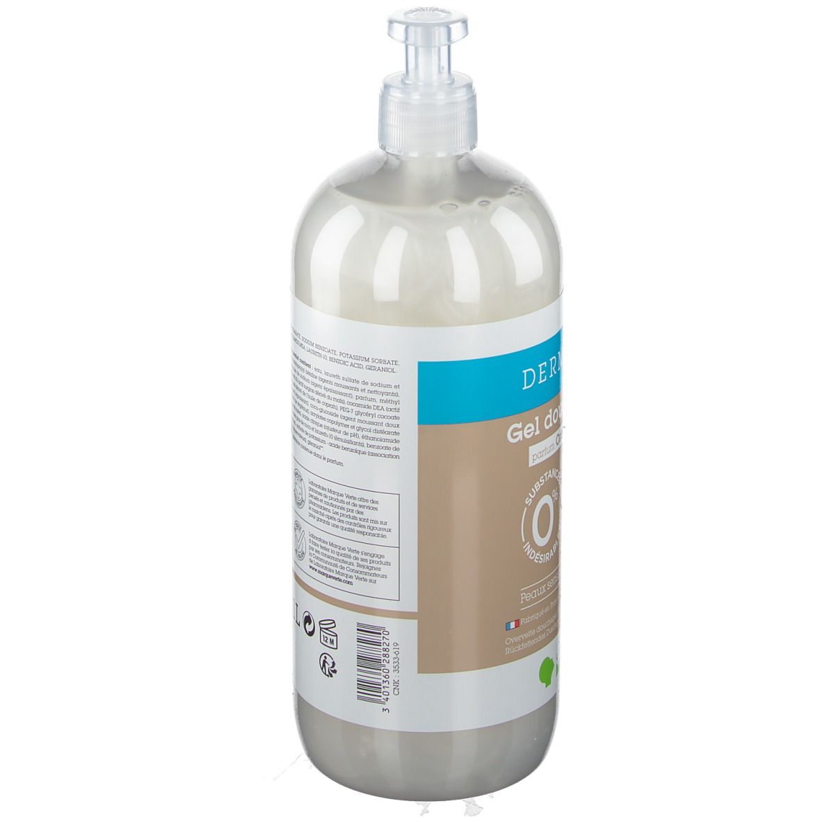 Flacon de gel douche avec pompe. Dos avec informations produit. Marque: DermAsens. Orchidée blanche.