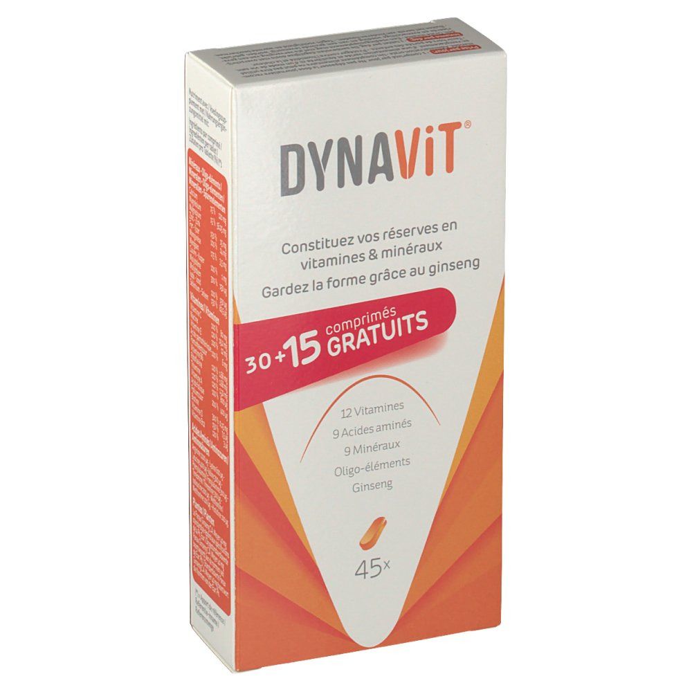 Boîte de comprimés Dynavit. Contient 30+15 comprimés. Inscription : 12 vitamines, 9 acides aminés, 9 minéraux, oligo-éléments, ginseng.