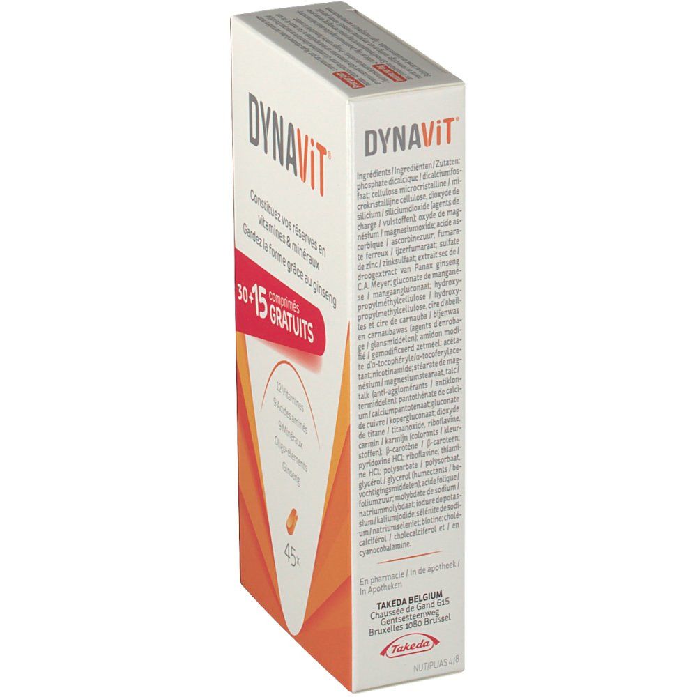 Vue latérale de la boîte de comprimés Dynavit. Contient 30+15 comprimés. Inscription : 12 vitamines, 9 acides aminés, 9 minéraux, oligo-éléments, ginseng.