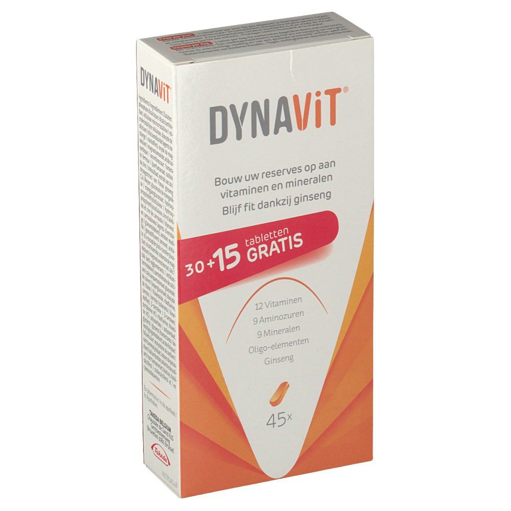 Boîte de comprimés Dynavit. Contient 30+15 comprimés. Inscription : 12 vitamines, 9 acides aminés, 9 minéraux, oligo-éléments, ginseng.