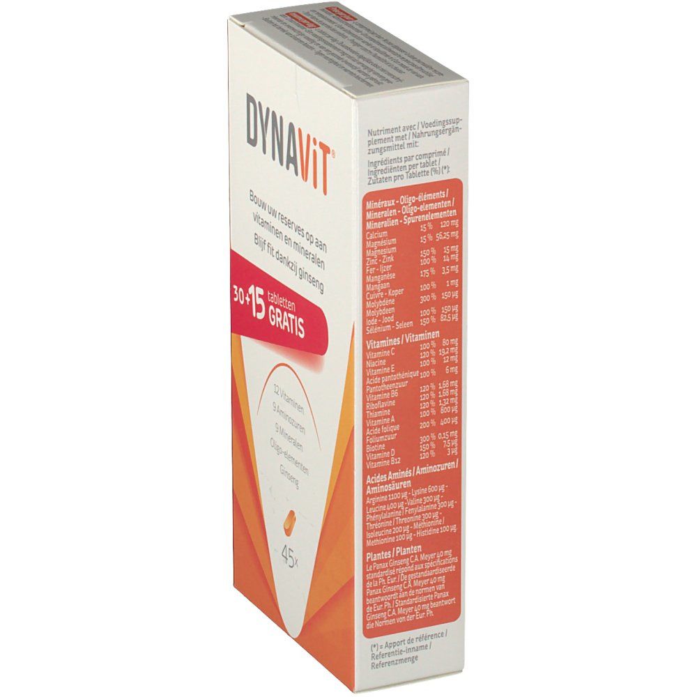 Vue latérale de la boîte de comprimés Dynavit. Contient 30+15 comprimés. Inscription : 12 vitamines, 9 acides aminés, 9 minéraux, oligo-éléments, ginseng.