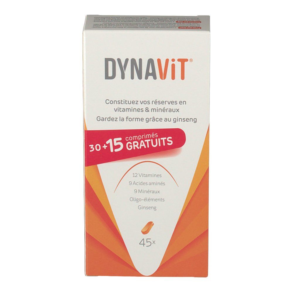 Boîte de comprimés Dynavit. Contient 30+15 comprimés. Inscription : 12 vitamines, 9 acides aminés, 9 minéraux, oligo-éléments, ginseng.