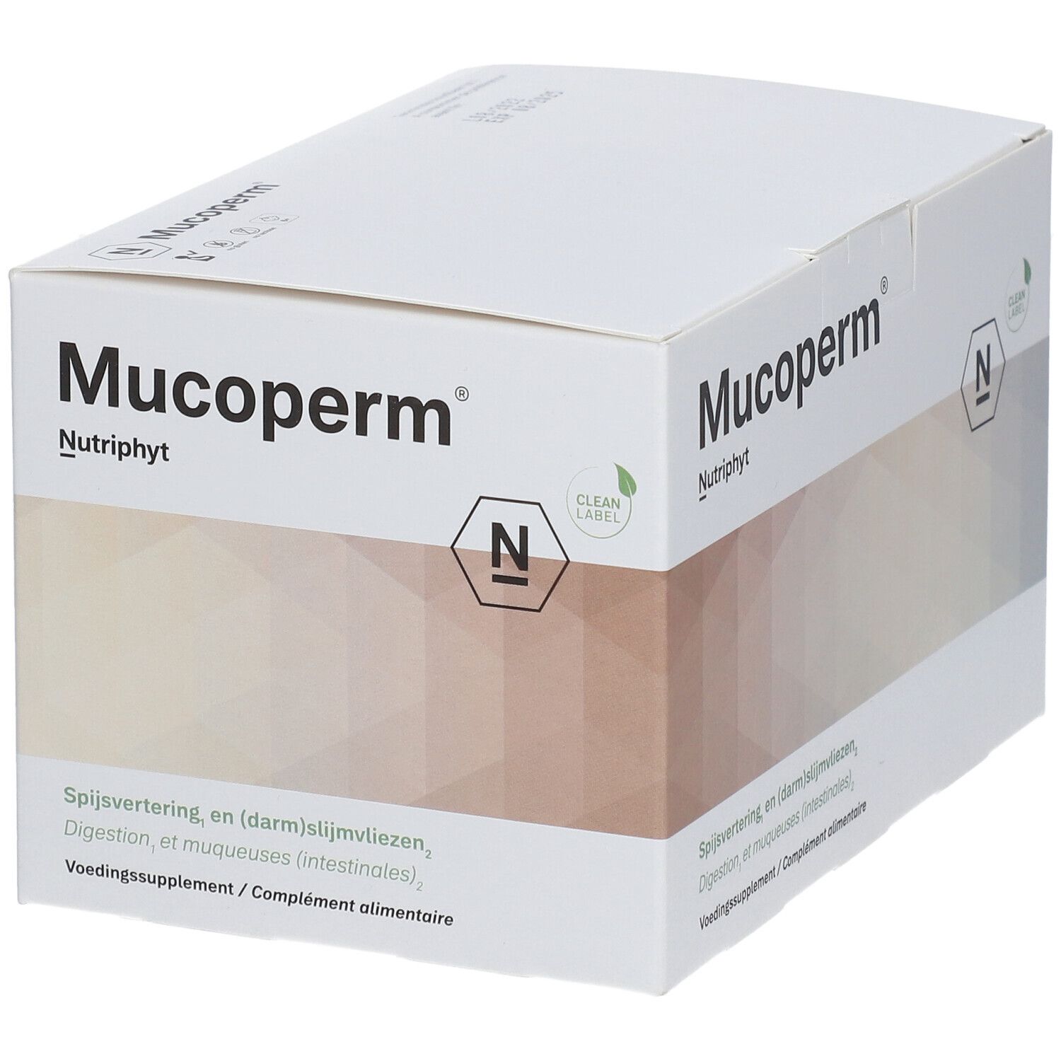 Boîte blanche Mucoperm Nutriphyt. Inscription: Spijsvertering, Digestion, Voedingssupplement.