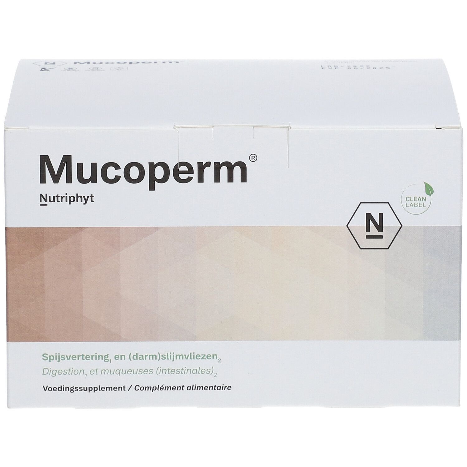 Boîte blanche Mucoperm Nutriphyt. Inscription: Spijsvertering, Digestion, Voedingssupplement.