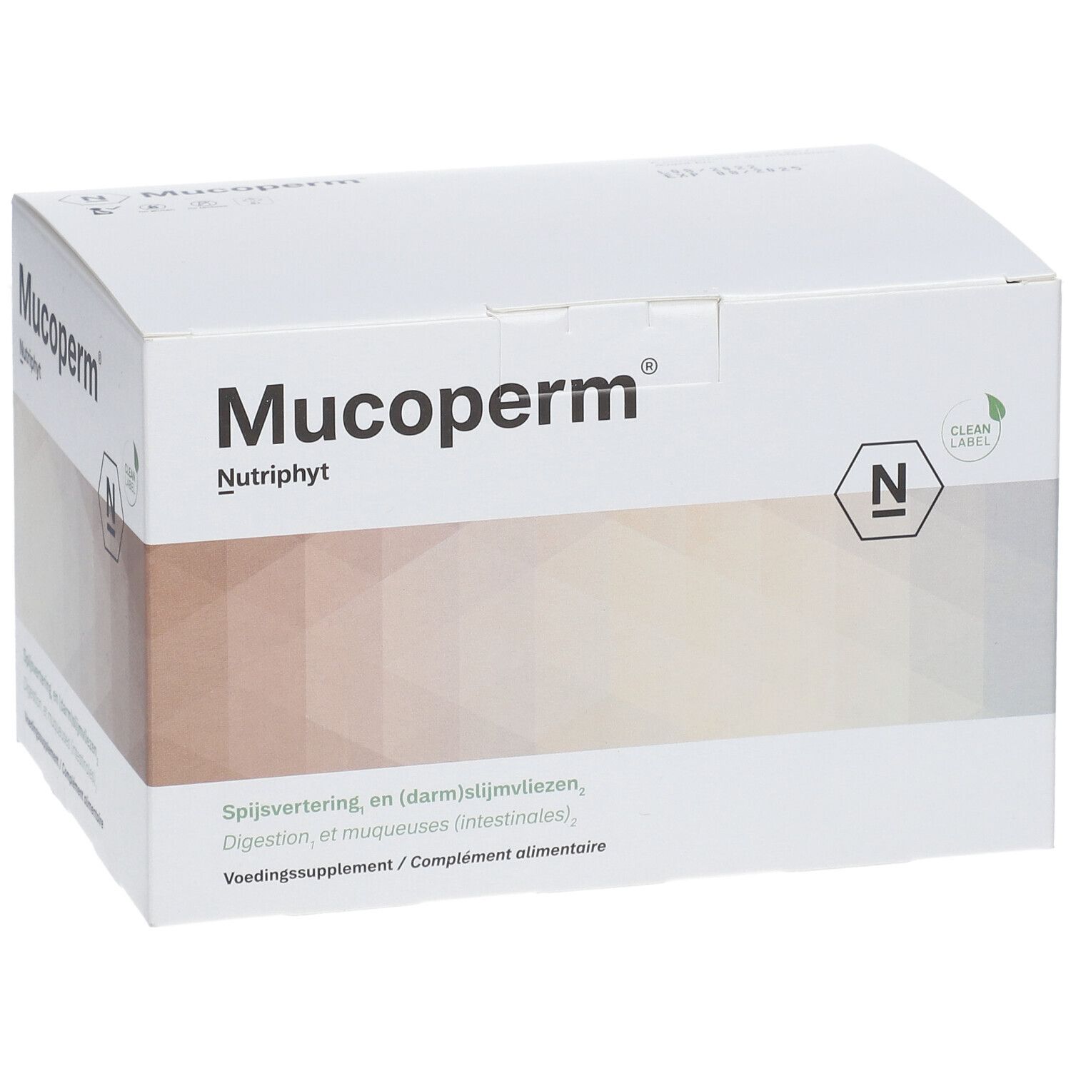 Boîte blanche Mucoperm Nutriphyt. Inscription: Spijsvertering, Digestion, Voedingssupplement.