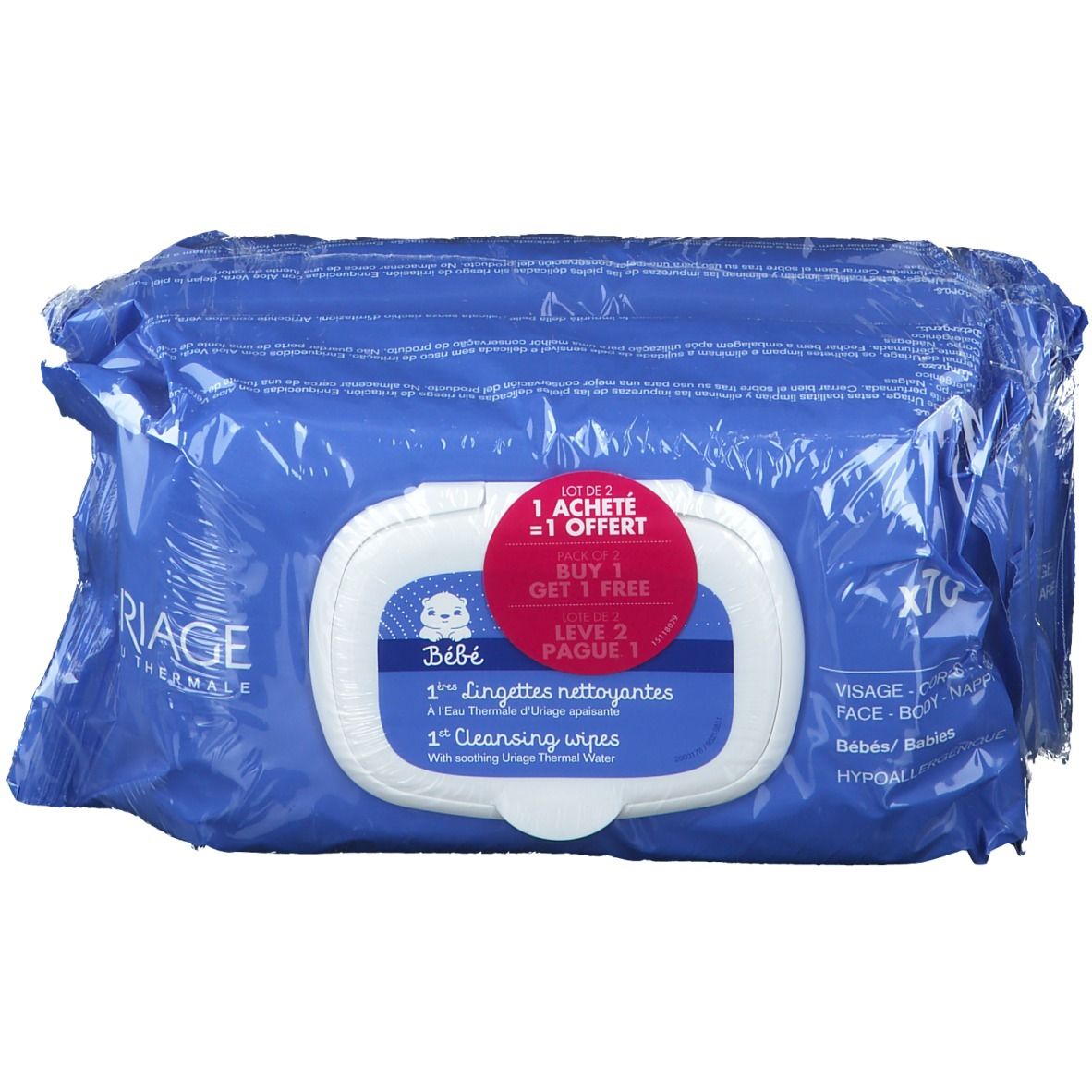 Blauwe verpakking Uriage Bébé reinigingsdoekjes. Label met productinfo en '1+1 gratis' aanbieding.