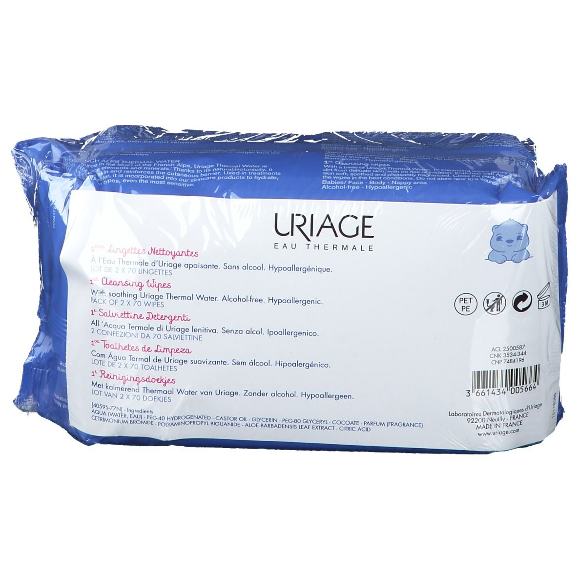 Achterkant van de verpakking Uriage Bébé reinigingsdoekjes. Productinformatie in meerdere talen.