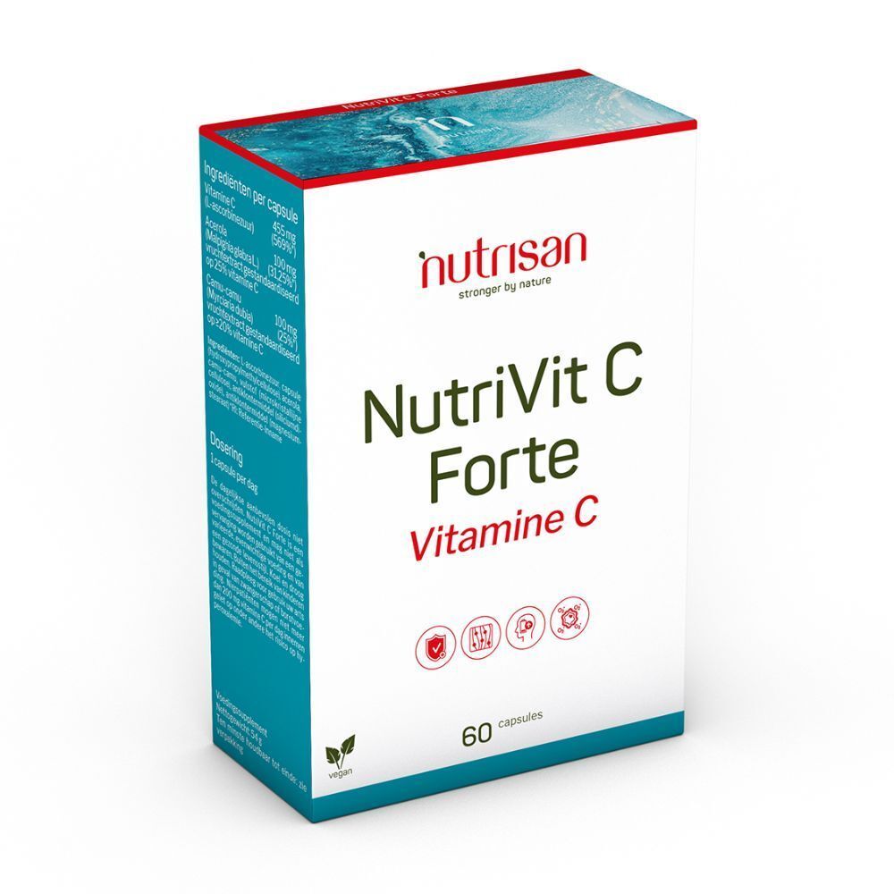 Witte doos Nutrisan Nutrivit C Forte. Bevat 60 capsules. Opschrift: Vitamine C. Logo: Nutrisan.