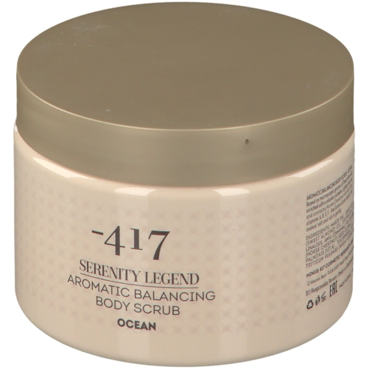 Beige pot met deksel. Opschrift: -417 Serenity Legend Aromatic Balancing Body Scrub Ocean.