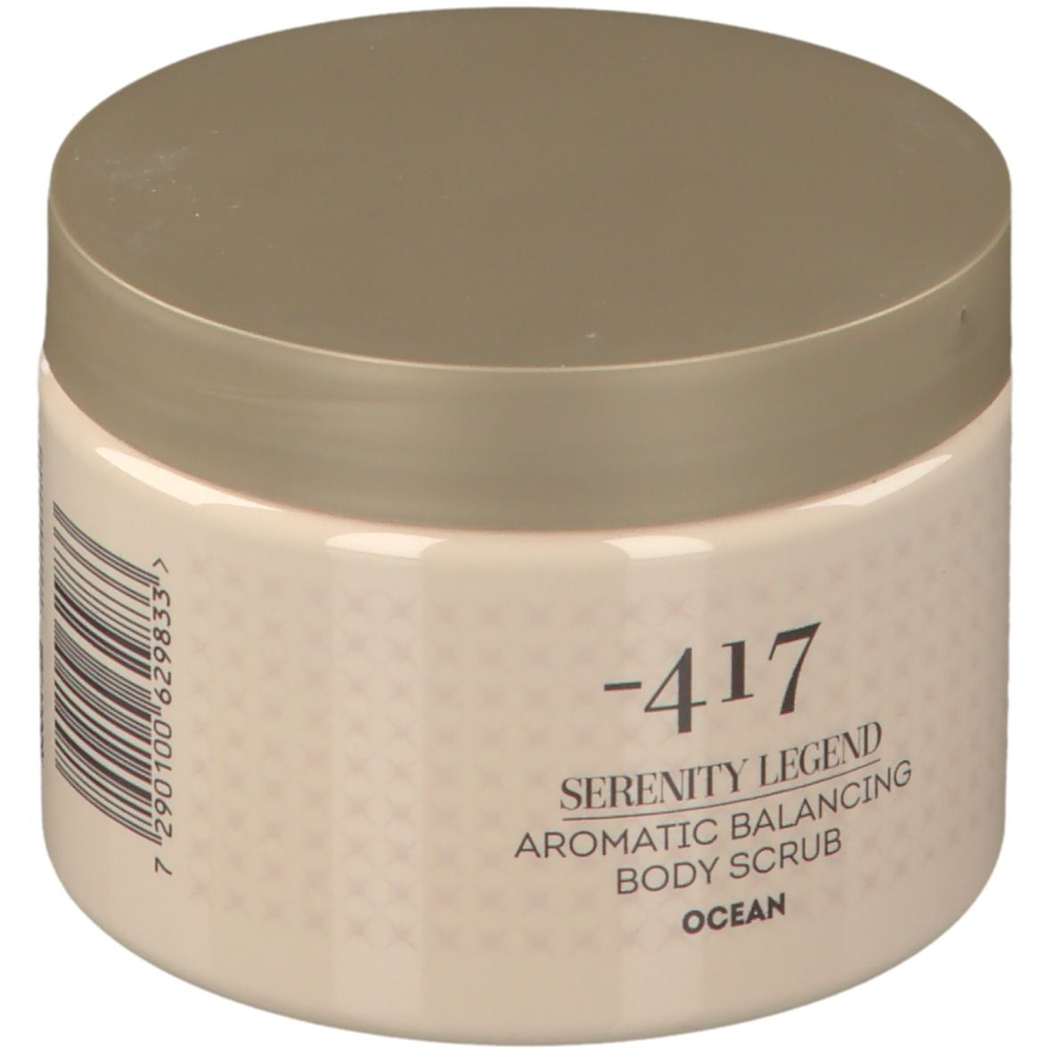 Beige pot met deksel. Opschrift: -417 Serenity Legend Aromatic Balancing Body Scrub Ocean. Streepjescode.