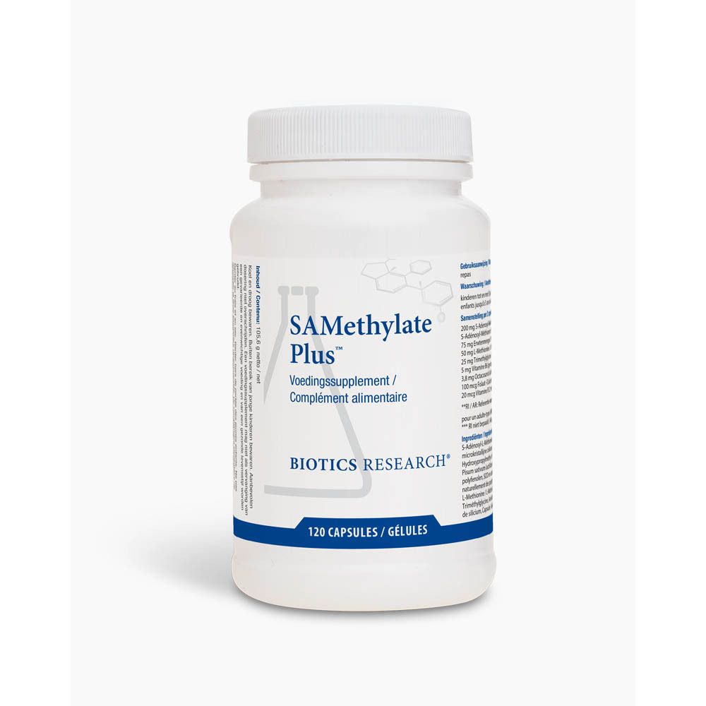 Witte fles met capsules. Opschrift: SAMethylate Plus, Biotics Research. 120 capsules.
