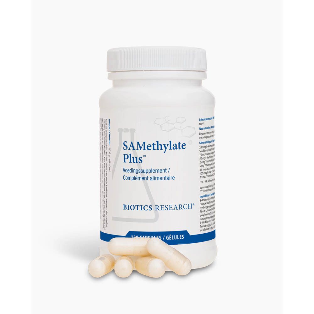 Witte fles met capsules. Opschrift: SAMethylate Plus, Biotics Research. 120 capsules. Enkele capsules ernaast.