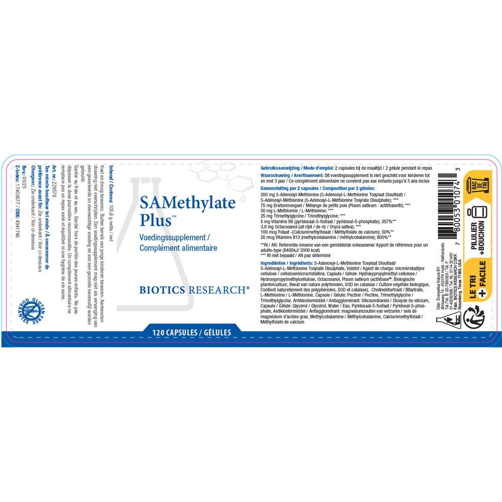 Achterkant van de fles. Opschrift: SAMethylate Plus, Biotics Research. 120 capsules. Detailinformatie.