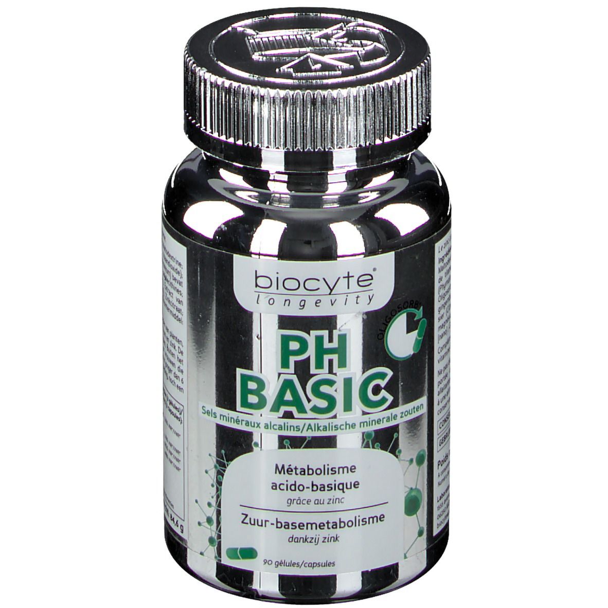 Donkere fles met zilveren dop. Opschrift: Biocyte pH Basic. Bevat mineralen. 90 capsules.