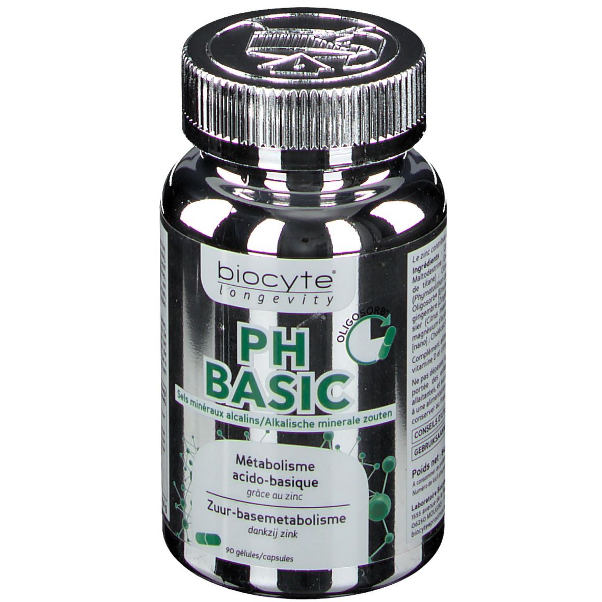 Donkere fles met zilveren dop. Opschrift: Biocyte pH Basic. Bevat mineralen. 90 capsules.