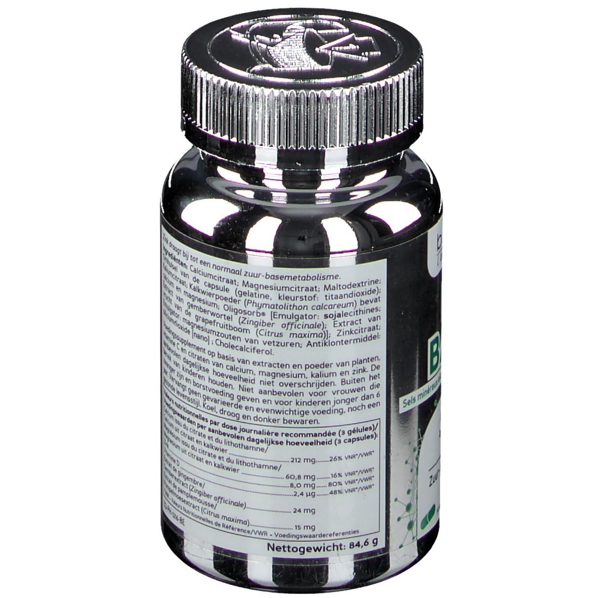 Achterkant van de fles. Bevat ingrediënten en voedingsinformatie. Merk Biocyte. Nettogewicht: 64,6 g.