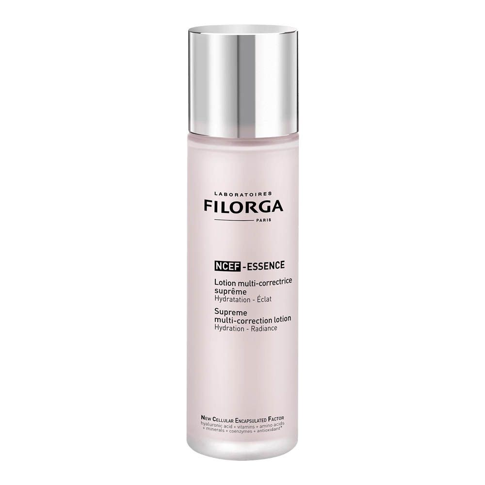Flacon cylindrique, bouchon argenté. Liquide rose. Texte: FILORGA, NCEF-Essence, Lotion multi-correctrice suprême.