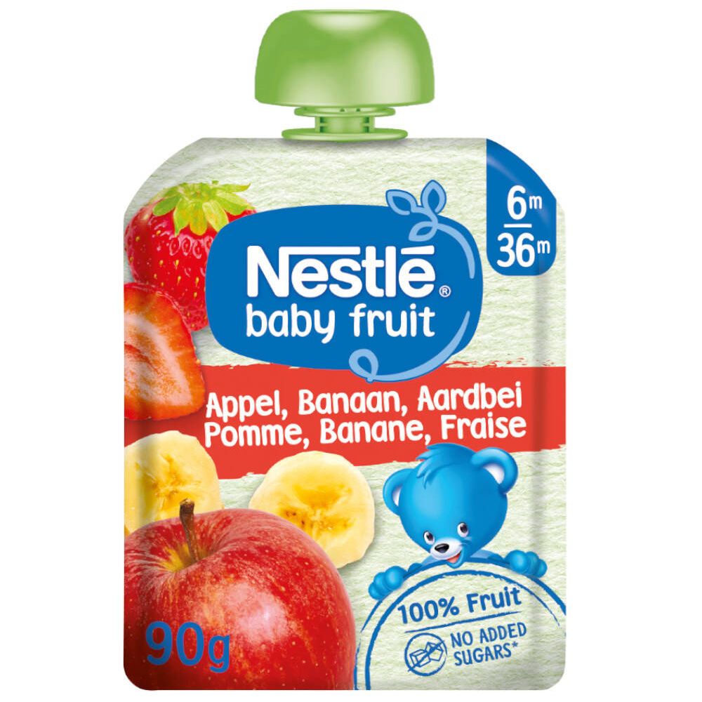 Sachet Nestlé Baby Fruit. Fraise, banane, pomme. 6m+. 100% fruits, sans sucres ajoutés. Illustration ours bleu.