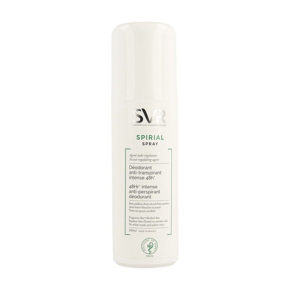 Witte deodorant spray. Opschrift: SVR Spirial Spray, Deodorant anti-transpirant intense 48h. Met groen logo.
