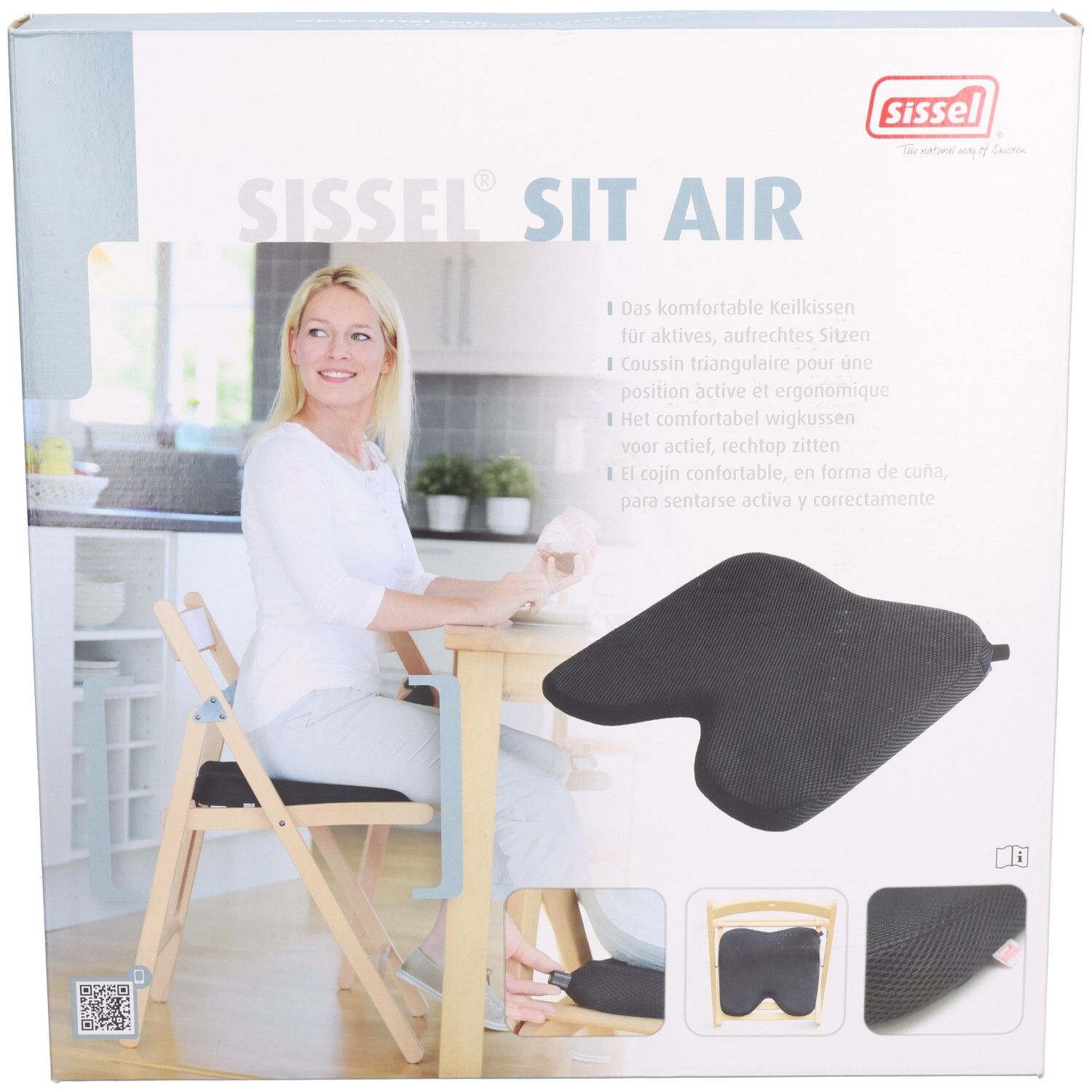Verpakking met Sissel Sit Air wigkussen. Vrouw zit op stoel met kussen. Close-up van het kussen.