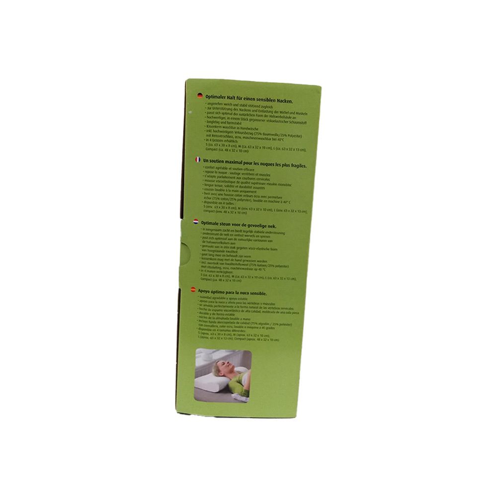 Groene verpakking met tekst. Bevat informatie over het Sissel Soft Curve Oreiller Small. Meertalige productinformatie.