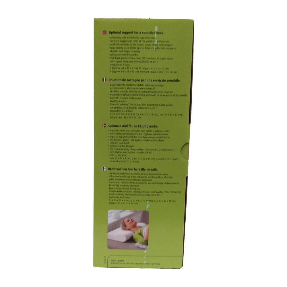 Verpakking, groene zijkant met tekst en productafbeelding. Tekst in het Duits, Engels, Italiaans en Nederlands.