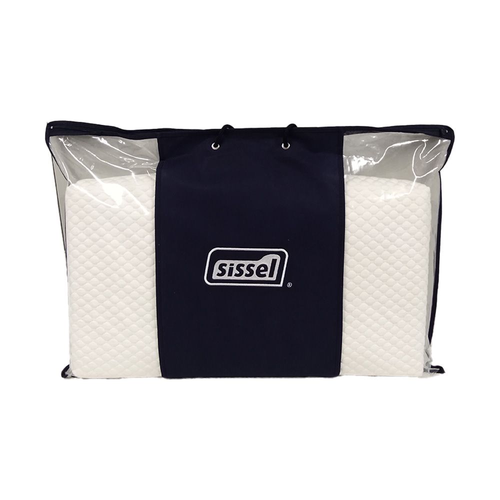 Wit kussen in verpakking. Reliëfoppervlak. Zwarte tas met Sissel-logo. Transparante verpakking.