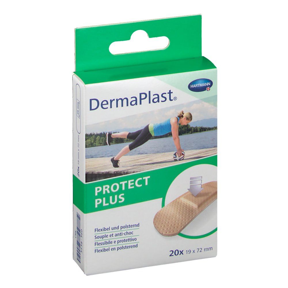Verpakking DermaPlast® PROTECT PLUS. Flexibele pleisters, 19 mm x 72 mm. Afbeelding van een vrouw die sport.