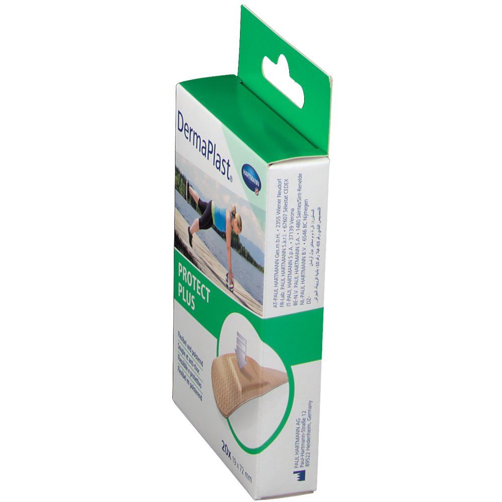 Zijaanzicht van de verpakking van DermaPlast® PROTECT PLUS. Flexibele pleisters, 19 mm x 72 mm. Met ophanginrichting.
