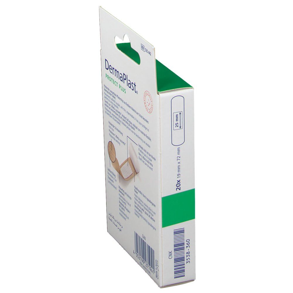 Zijaanzicht van de verpakking van DermaPlast® PROTECT PLUS. Flexibele pleisters, 19 mm x 72 mm. Met ophanginrichting.
