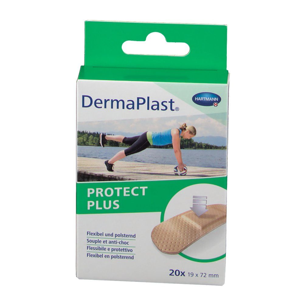 Verpakking DermaPlast® PROTECT PLUS. Flexibele pleisters, 19 mm x 72 mm. Afbeelding van een vrouw die sport.