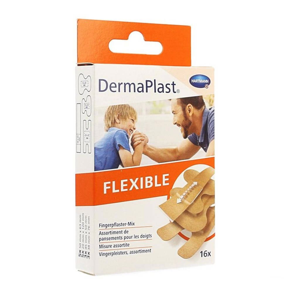 Boîte de DermaPlast® Flexible Fingerpflaster-Mix. Contient 16 pansements. Nom du produit, logo et illustration imprimés.