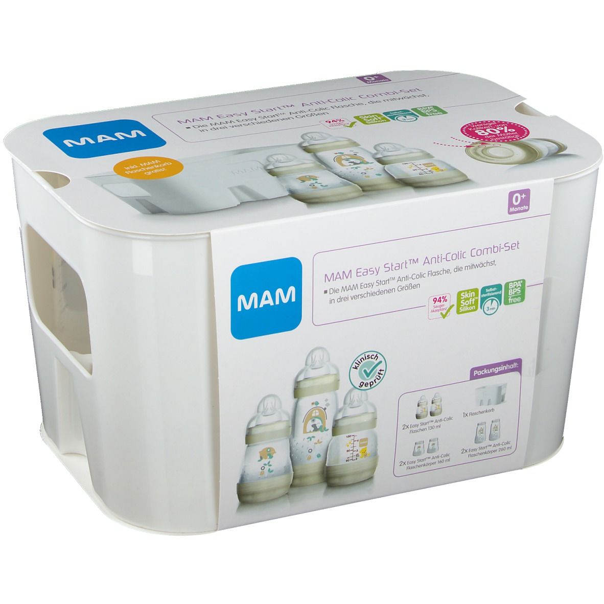 MAM Easy Start Anti-Colic Combi-Set. Witte verpakking met productafbeeldingen en tekst. Inclusief flessen en accessoires.