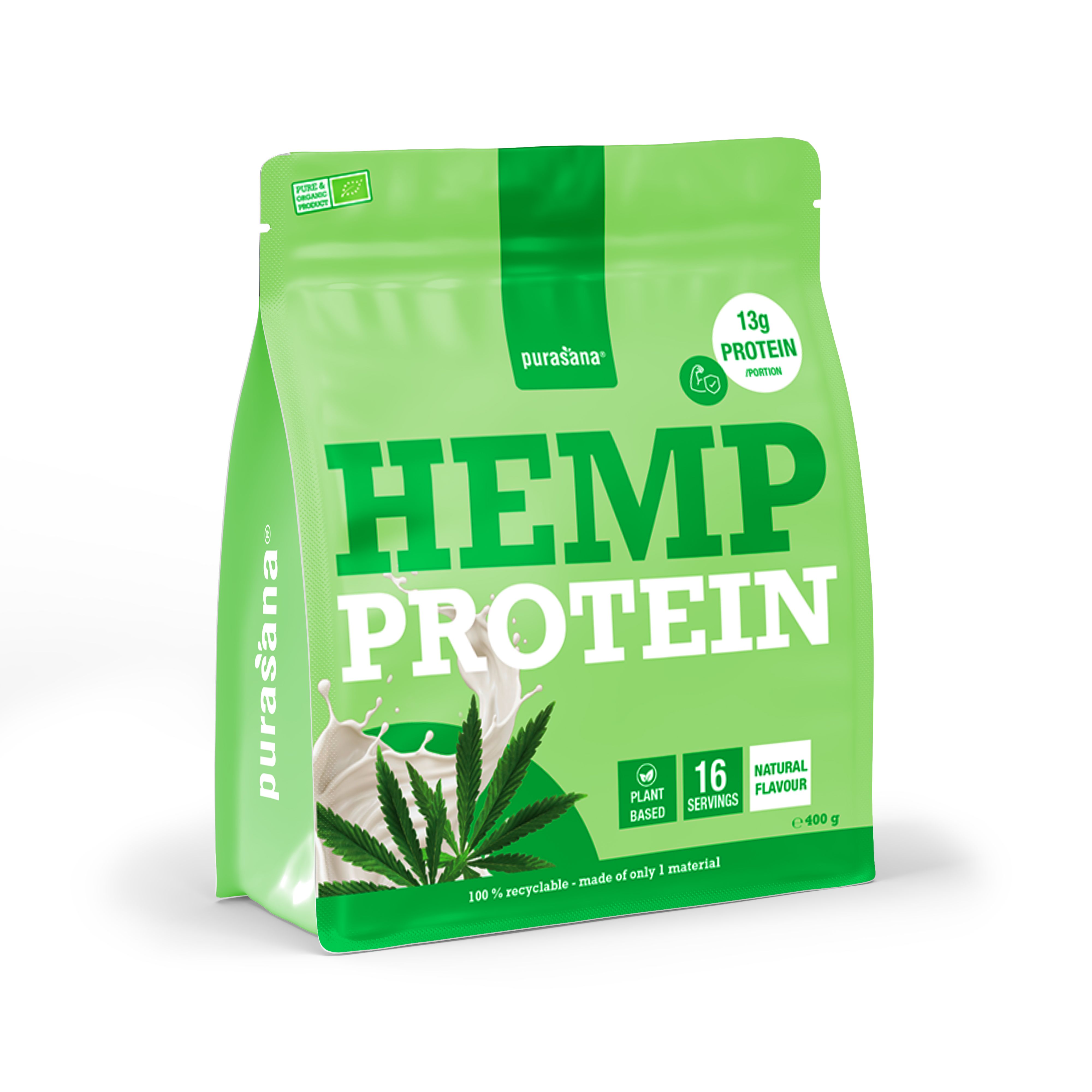 Purasana Hennep eiwit Bio: Zak van 400g, 16 porties, 13g eiwit per portie, plantaardig, natuurlijk.