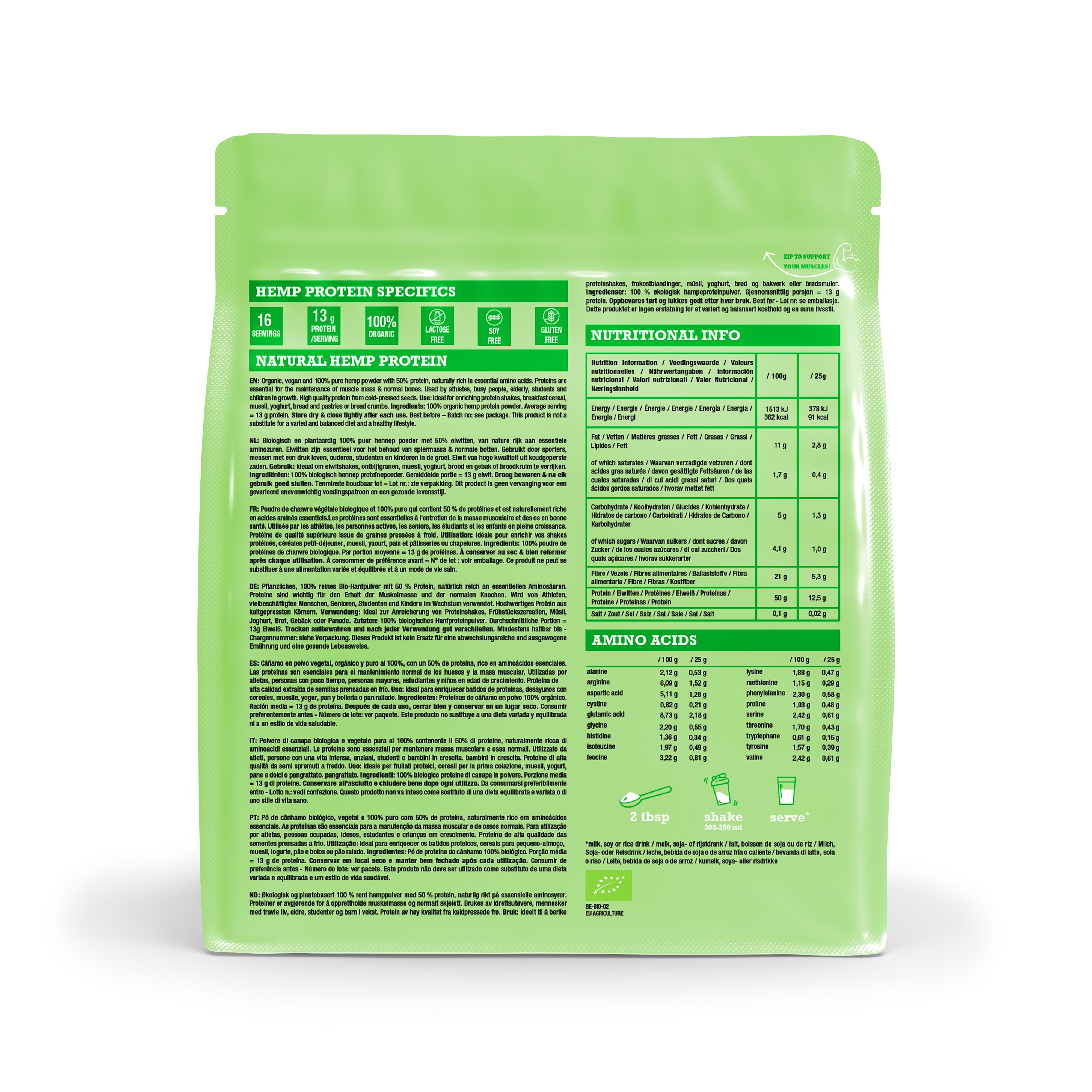 Purasana Hennep eiwit Bio: Zijaanzicht van de zak, 400g, plantaardig, 13g eiwit per portie.