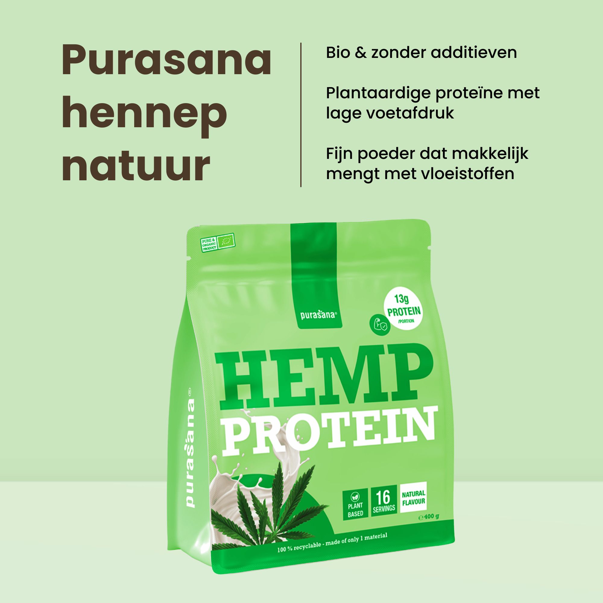 Purasana Hennep eiwit Bio: Zak van 400g, 16 porties, 13g eiwit per portie, plantaardig, natuurlijk.