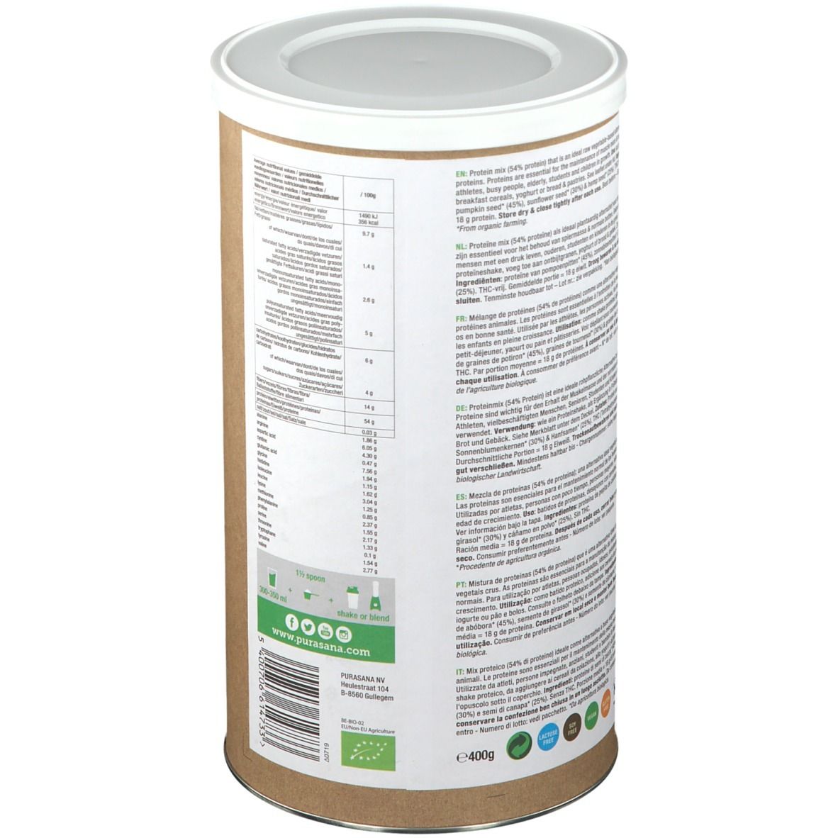 Dos de la boîte Purasana Vegan Protein. Texte multilingue. Emballage marron, couvercle blanc. Avec informations nutritionnelles.