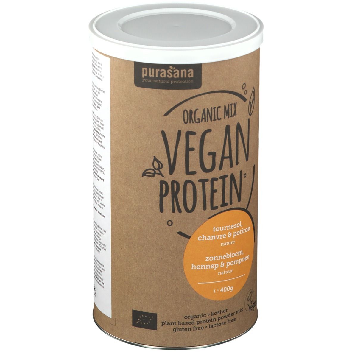 Boîte cylindrique Purasana Vegan Protein. Inscription: tournesol, chanvre & potiron. Emballage marron, couvercle blanc.